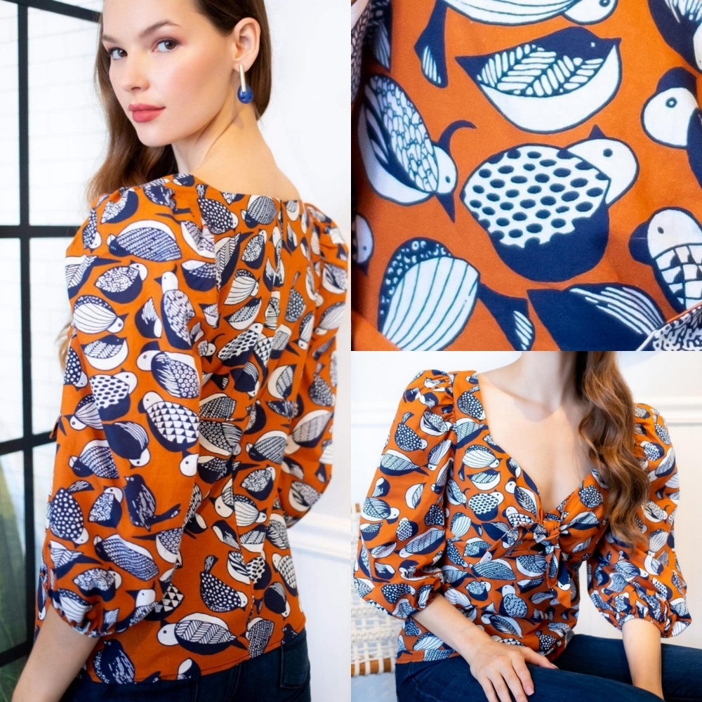 Eva Franco Orange and Blue Patterned Blouse